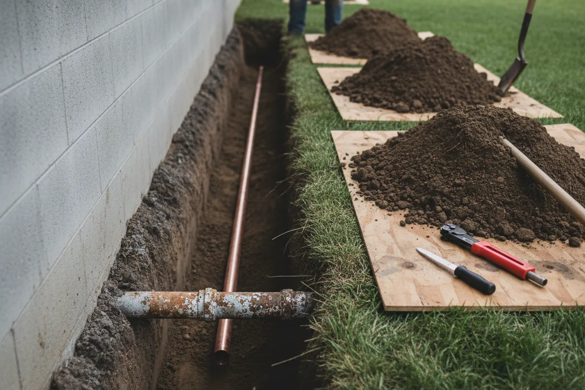 Excavated water line trench during Sewer Line Repair in Glenside